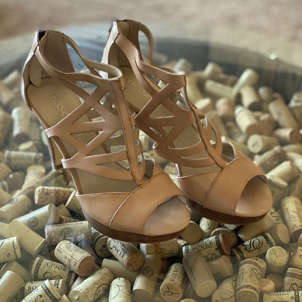 Tan strappy platform sandals